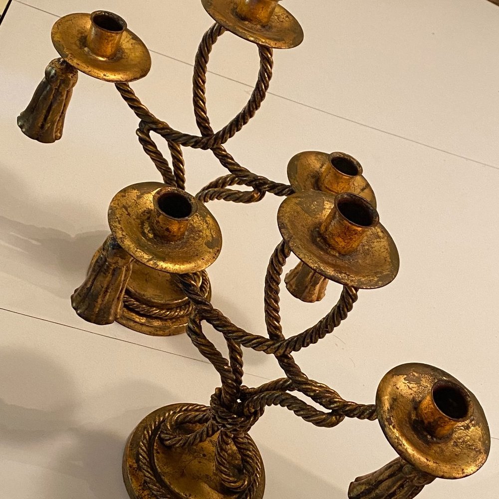 SOLD Vtg Italian Gilt Toleware Rope and Tassel Candelabras with Pedestal Bowl